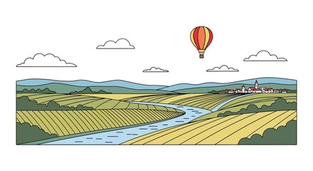 Hot air balloon flying over countryside. © Janda