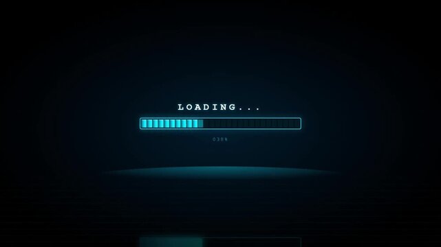 Blue glowing loading progress bar animation on futuristic dark technology background with reflection