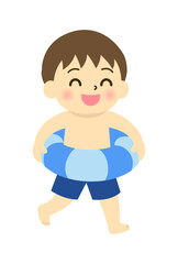 Fototapeta premium 水着姿で浮き輪を持つ男の子のかわいいイラスト