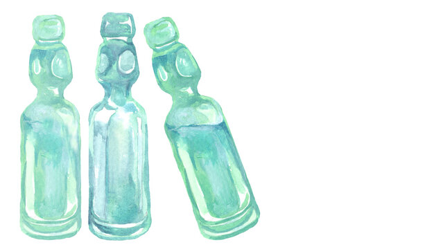 夏祭りのラムネ瓶の水彩イラスト　日本の夏の飲み物・涼感素材
Watercolor illustration of Japanese Ramune soda glass bottles for summer festival