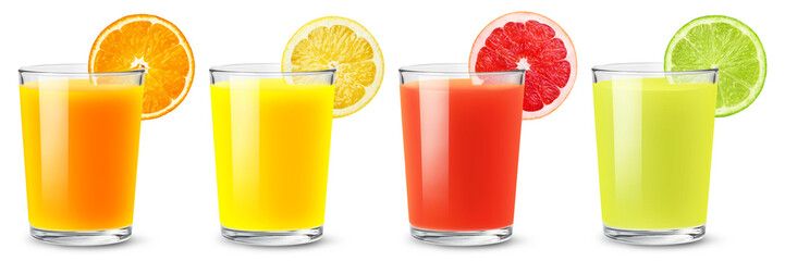 A collection of isolated juices. A set of citrus juices on a transparent background. Orange, lemon, grapefruit, and lime. © Denis Petrovskikh