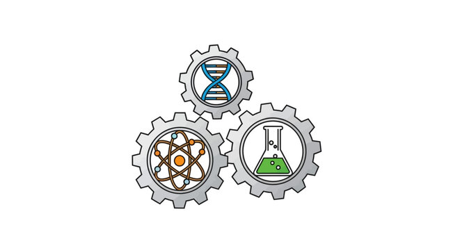 Interdisciplinary Science Concept: Gears with DNA, Atom, and Flask Symbols for Research, Technology, and Innovation
