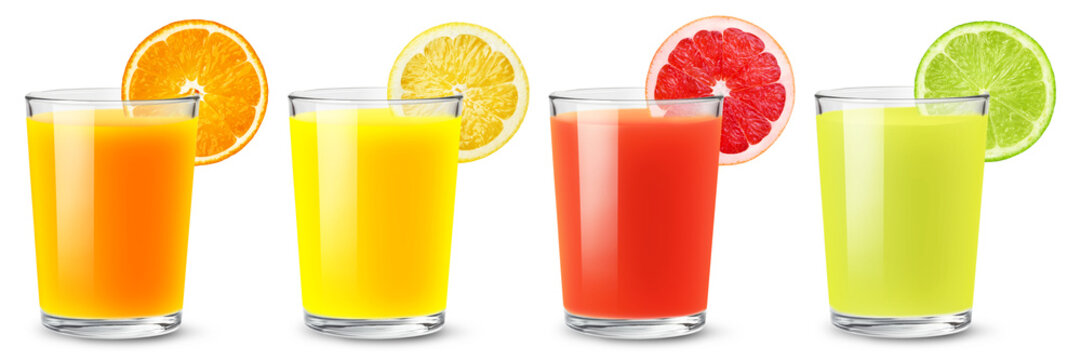 A collection of isolated juices. A set of citrus juices on a transparent background. Orange, lemon, grapefruit, and lime.