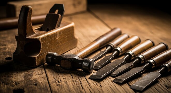 Vintage woodworking tools on table.