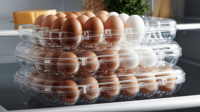 Stackable egg storage tray in fridge. Eggs arranged in clear plastic containers inside refrigerator  
