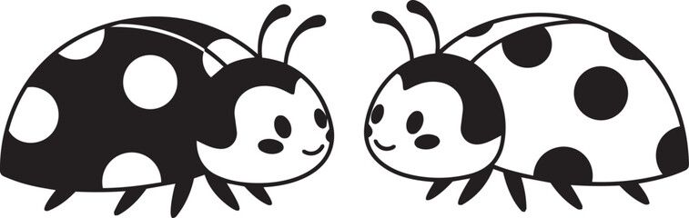 Fototapeta premium Two ladybugs black and white facing each other cute round insects dotted shells.
