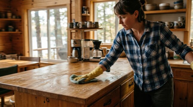 Medium shot capturing rapid cleaning of wooden surfaces inside a cozy lake cabin with tools and environment subtly blurred to highlight action.