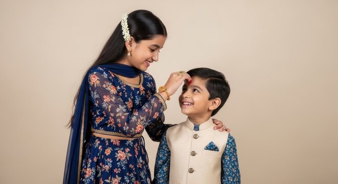 Indian sister applying tilak to her brother's forehead Indian brother siblings