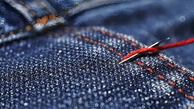 Closeup of red thread being handstitched onto dark blue denim fabric.