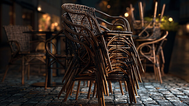 Outdoor cafe chairs stacked at night. Stacked wicker chairs outside a cafe on cobblestone street at night  