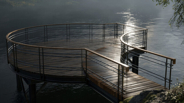 Lake viewing platform with railing. Wooden observation deck overlooking tranquil river under morning sunlight  