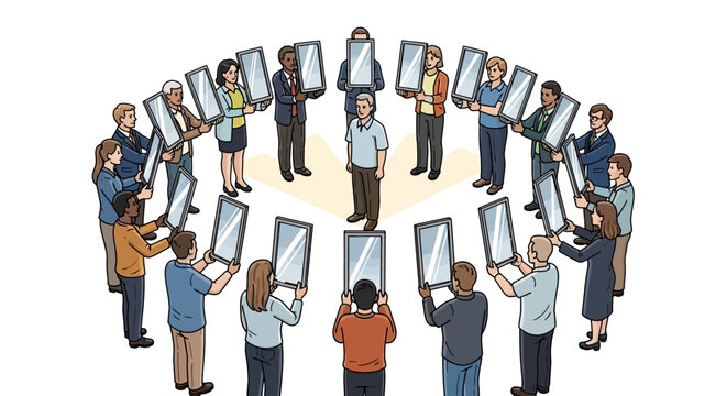 Diverse group holding mirrors reflecting a central individual, symbolizing self-reflection, feedback, introspection, and societal perception