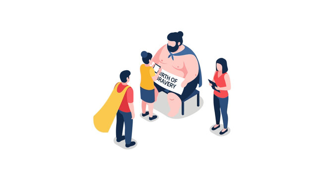 Isometric illustration of a group of people with a superhero and a sign.