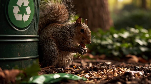 Squirrel eating seeds near recycling bin in wooded park setting  
