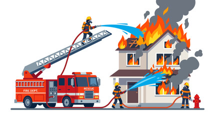 Naklejka premium Firefighters extinguishing house fire with hoses and ladder truck