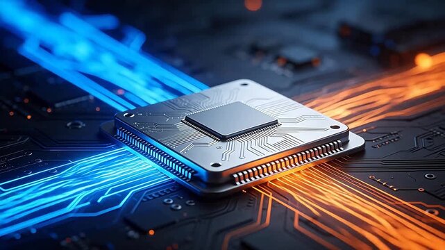 Microchip on circuit board with glowing lines
