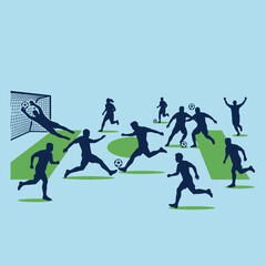 Fototapeta premium Silhouettes of soccer players in action on a field, with a goalkeeper diving to save a goal.