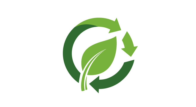 Green leaf with arrows forming a circular recycling symbol.