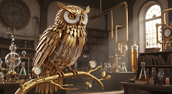 Intricate golden steampunk owl perched on a branch in a laboratory setting.