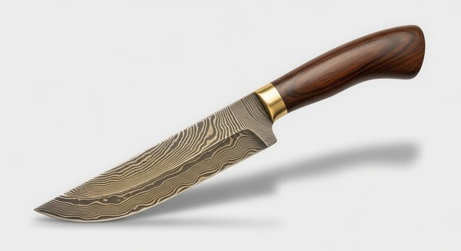 Artisan crafted damascus knife featuring a unique pattern and rich wooden grip
