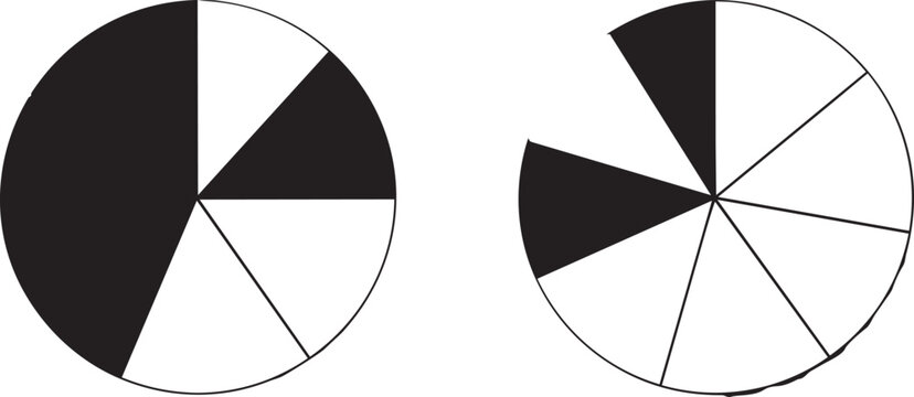 Pie charts representing fractions half and three eighths on white background isolated.