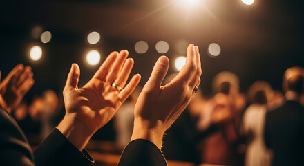 Spiritual worship crowd with lifted hands during religious event