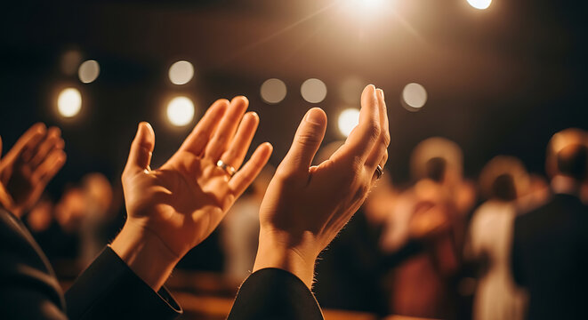 Spiritual worship crowd with lifted hands during religious event