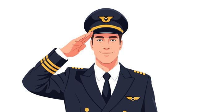 Handsome male airline pilot in uniform saluting isolated on white background