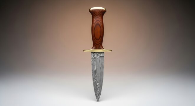 Finely crafted ornate dagger featuring intricate damascus steel and warm wooden grip