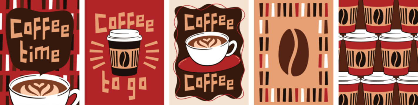 Coffee time. Collection of poster designs for cafe, coffee to go, coffeeshop, wall decor.