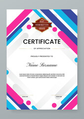 Fototapeta premium Vertical certificate design featuring vibrant pink and blue rounded linear elements and geometric shapes
