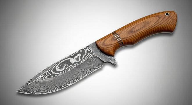 Exquisite handcrafted utility knife with striking Damascus steel blade pattern and elegant wooden