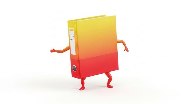 A vibrant anthropomorphic ring binder with arms and legs presenting information in a dynamic way