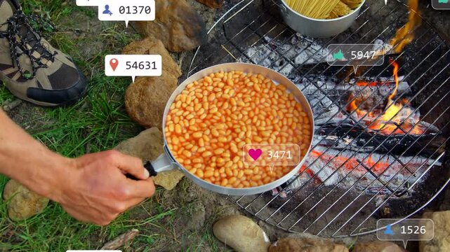 Alert icons appearing saucepan of beans shifting over coals while cook nudging pan to warm evenly