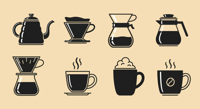 Black coffee cup icons on beige.