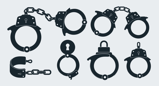 Collection of metal handcuff silhouettes and law enforcement restraint equipment icons.