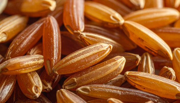 Close up of brown rice grains showing texture and detail for food concepts