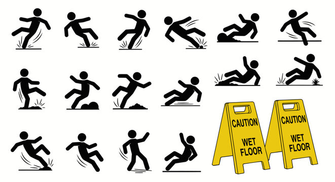 Slip and fall accident icons with caution wet floor signs