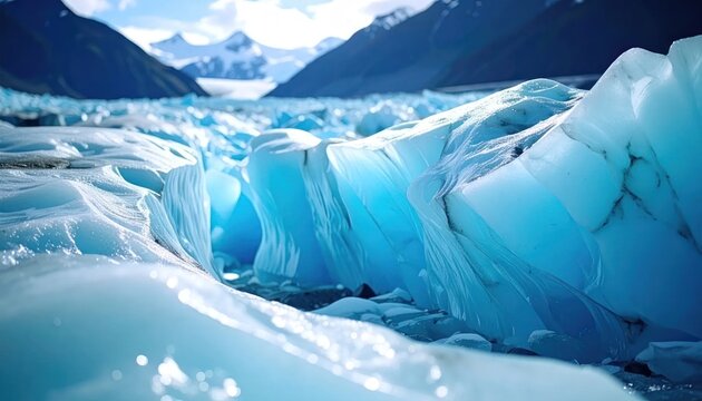Stunning Close-up of a Glaciers Blue Ice Formations in a Mountainous Landscape.
