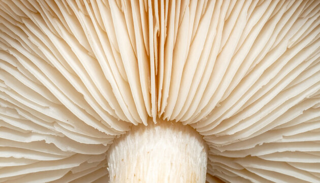 Close up view of a mushroom underside showing detailed gills texture