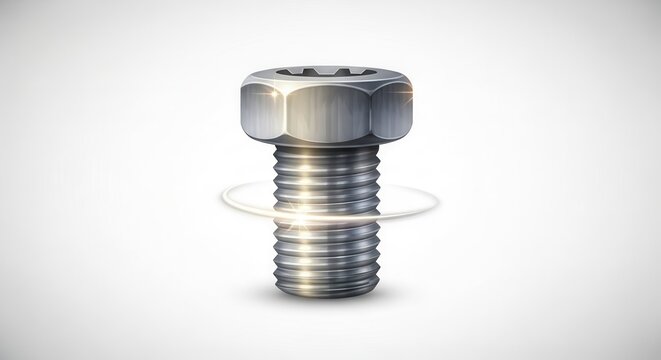 Glistening metallic hex head bolt with threaded shaft depicted against a stark white background