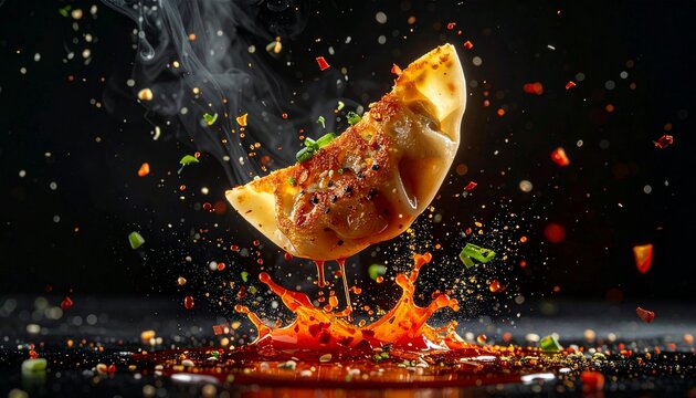 餃子がソースのスプラッシュとともに宙に浮き煙が立ち上る迫力の商用フード写真