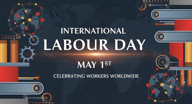 International Labour Day poster with gears and global workforce celebration on May 1st
