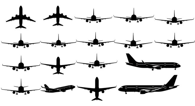 Set of airplane silhouettes from different angles and perspectives