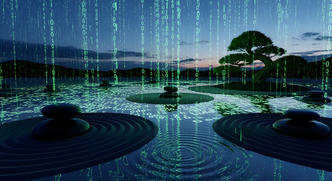 Digital zen garden with binary code rain, serene landscape and peaceful atmosphere.