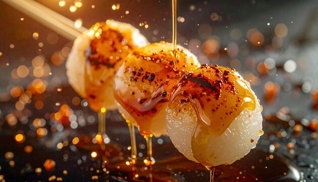 甘辛タレが滴り落ちる焼きだんごのクローズアップ商用フード写真