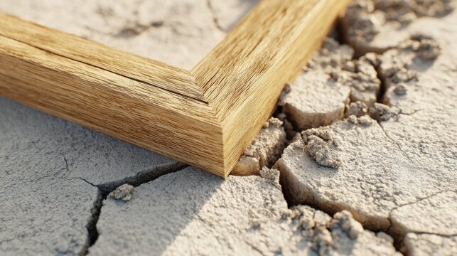 Wooden frame resting on cracked adobe wall showcasing natural textures and rustic charm