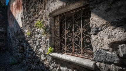 Fototapeta premium A Securely Locked Wrought-Iron Grille on an Ancient Stone Window