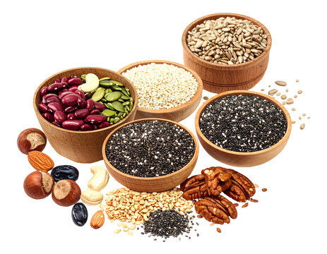 Assortment of healthy nuts, seeds, and beans in wooden bowls