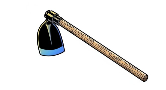 Vibrant cartoon garden hoe illustration with sturdy wooden handle and sharp metal blade for